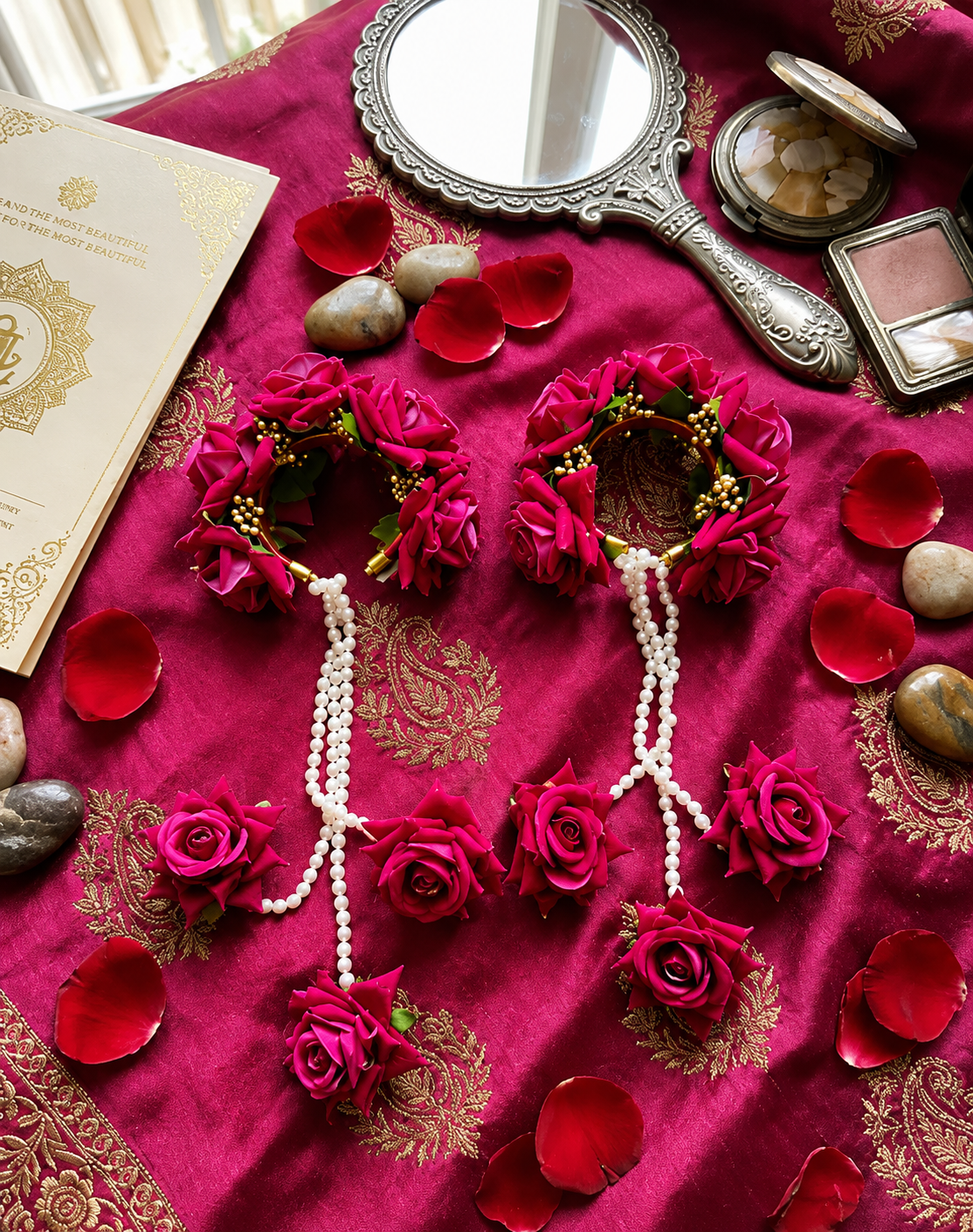 Pink Rose Floral Kaleera Set with Pearl Chains for Bridal Haldi, Mehndi, Wedding & Engagement | Artificial Flower Hand Kaleera for Women