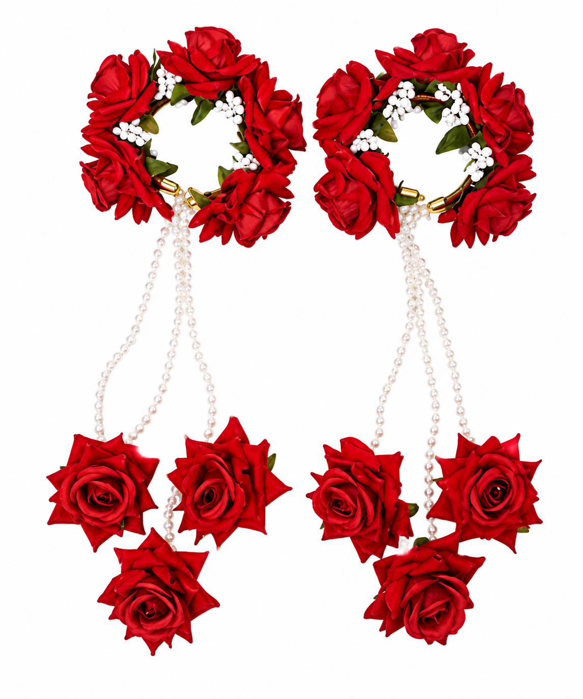Red Rose Floral Kaleera Set with Pearl Chains for Bridal Mehndi, Haldi & Wedding | Artificial Flower Hand Kaleera for Women