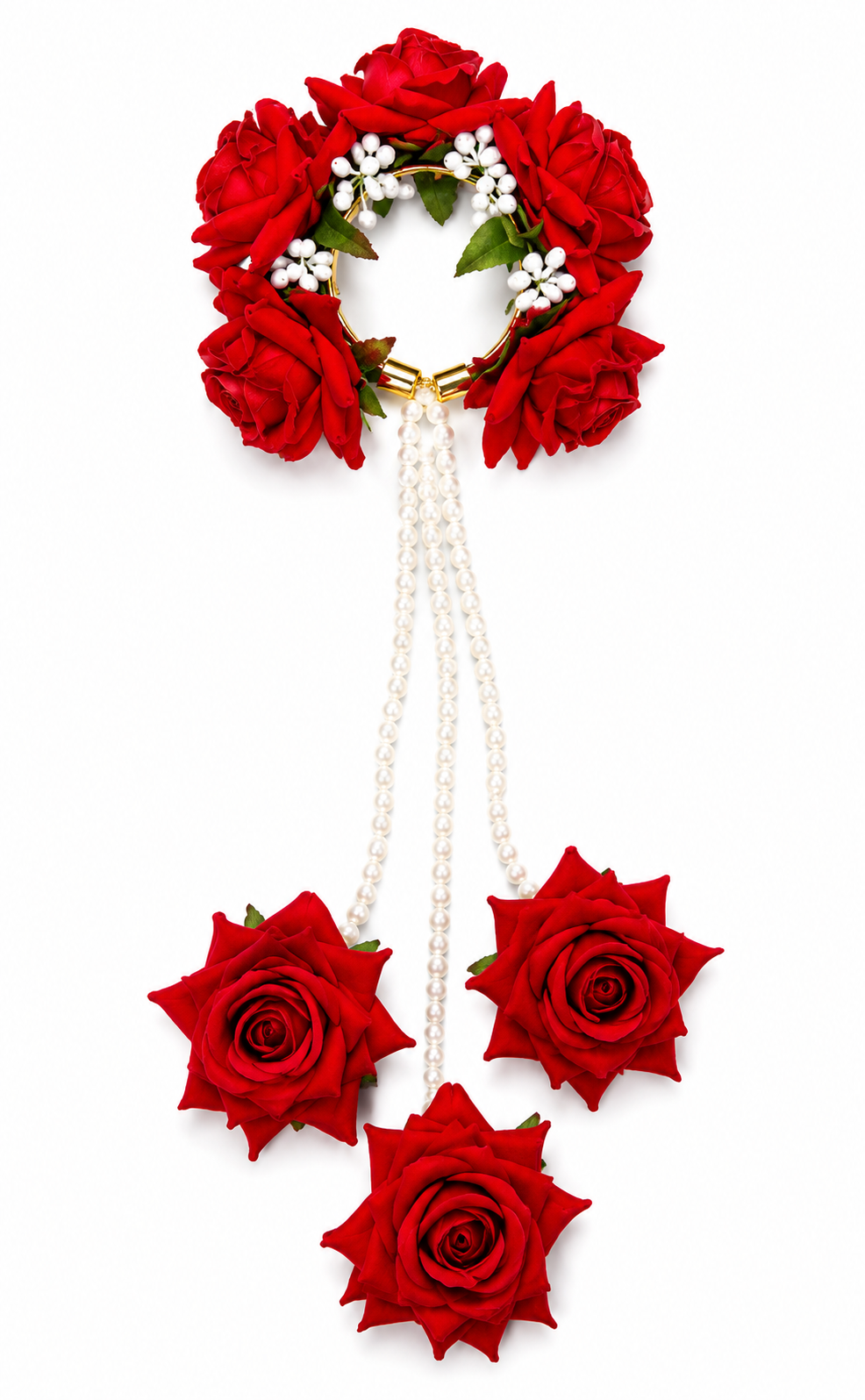 Red Rose Floral Kaleera Set with Pearl Chains for Bridal Mehndi, Haldi & Wedding | Artificial Flower Hand Kaleera for Women