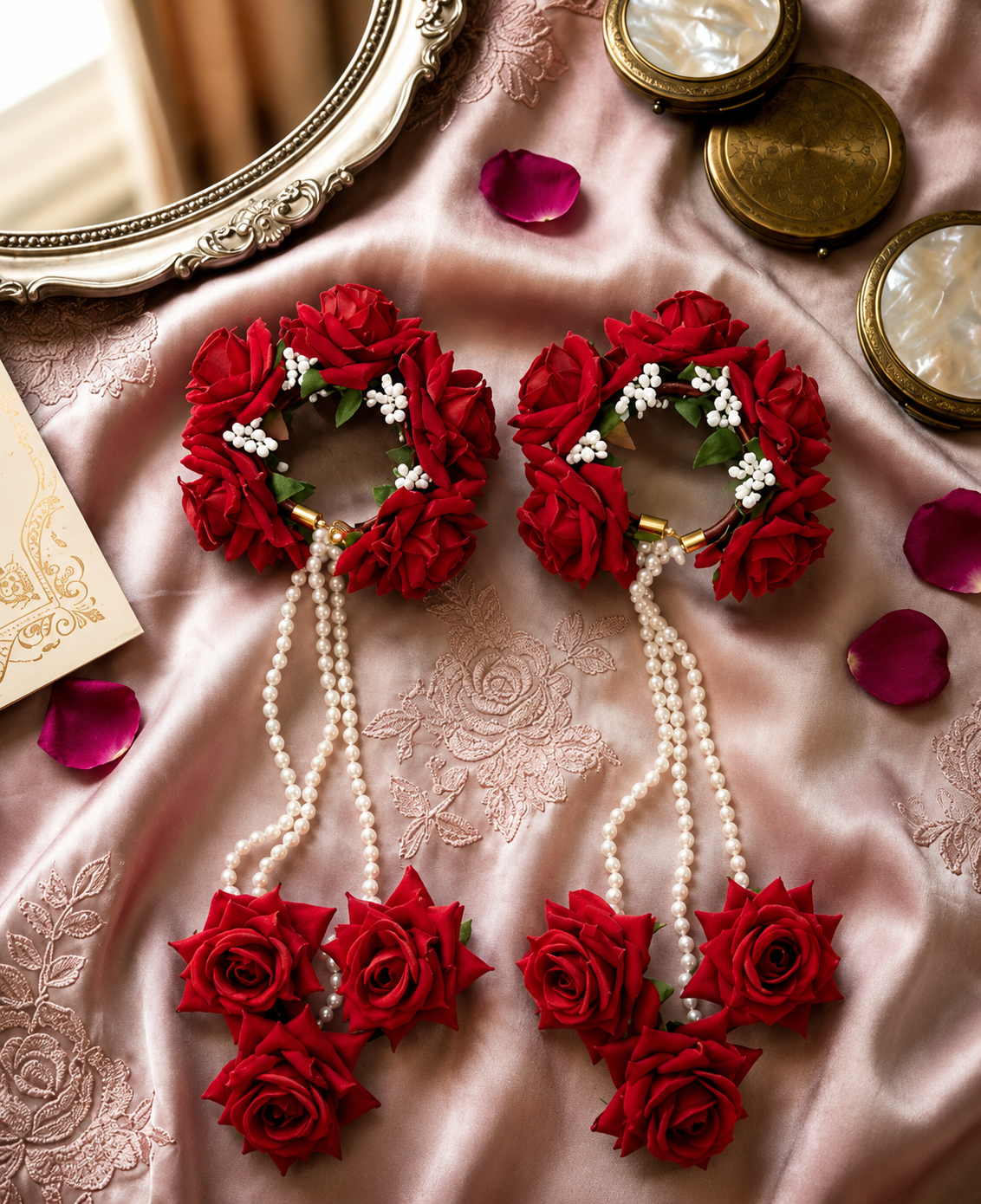Red Rose Floral Kaleera Set with Pearl Chains for Bridal Mehndi, Haldi & Wedding | Artificial Flower Hand Kaleera for Women