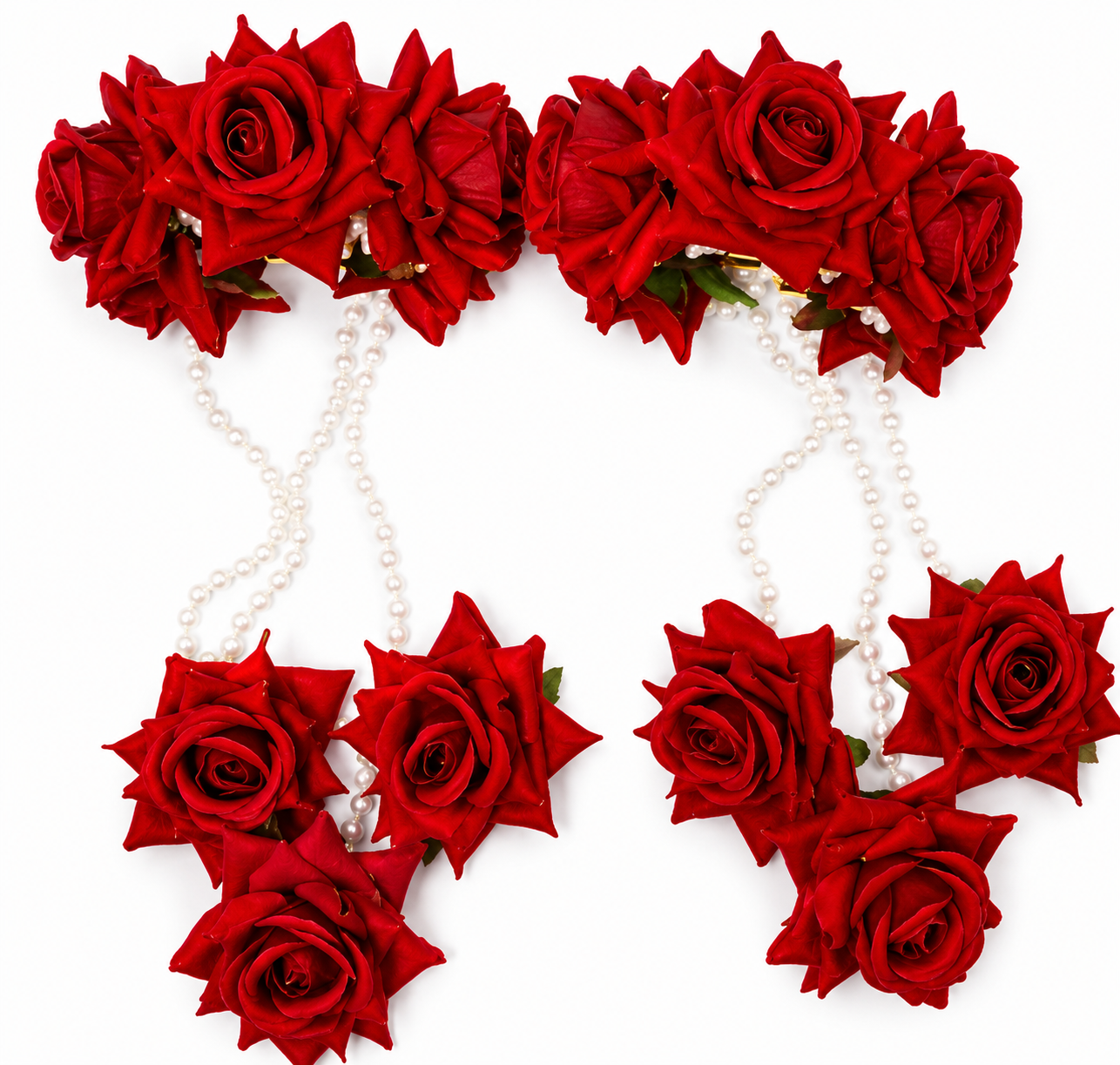 Red Rose Floral Kaleera Set with Pearl Chains for Bridal Mehndi, Haldi & Wedding | Artificial Flower Hand Kaleera for Women