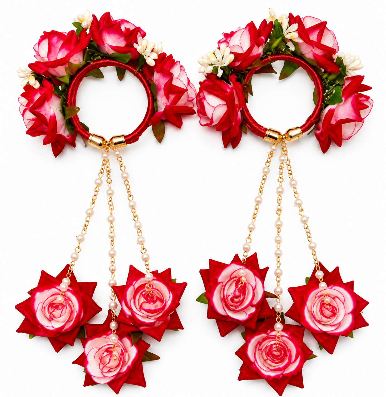 Red & White Rose Floral Kaleera Set with Pearl Chains for Bridal Mehndi, Haldi & Wedding | Artificial Flower Hand Kaleera for Women