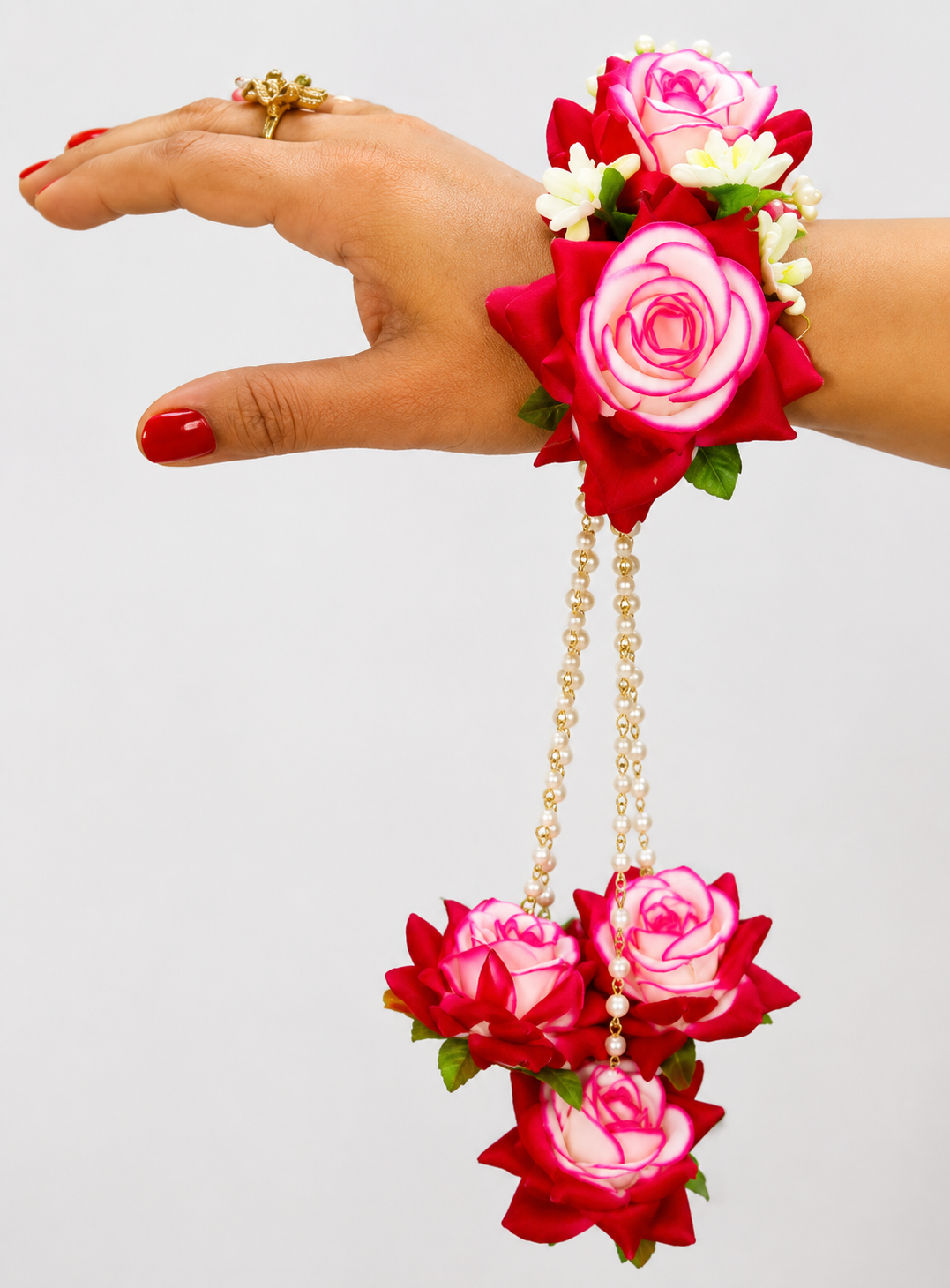 Red & White Rose Floral Kaleera Set with Pearl Chains for Bridal Mehndi, Haldi & Wedding | Artificial Flower Hand Kaleera for Women
