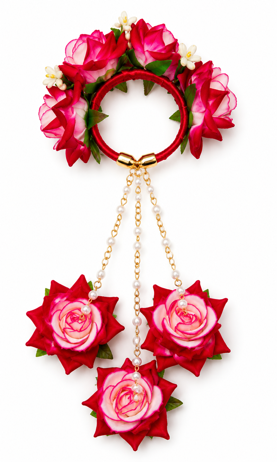 Red & White Rose Floral Kaleera Set with Pearl Chains for Bridal Mehndi, Haldi & Wedding | Artificial Flower Hand Kaleera for Women
