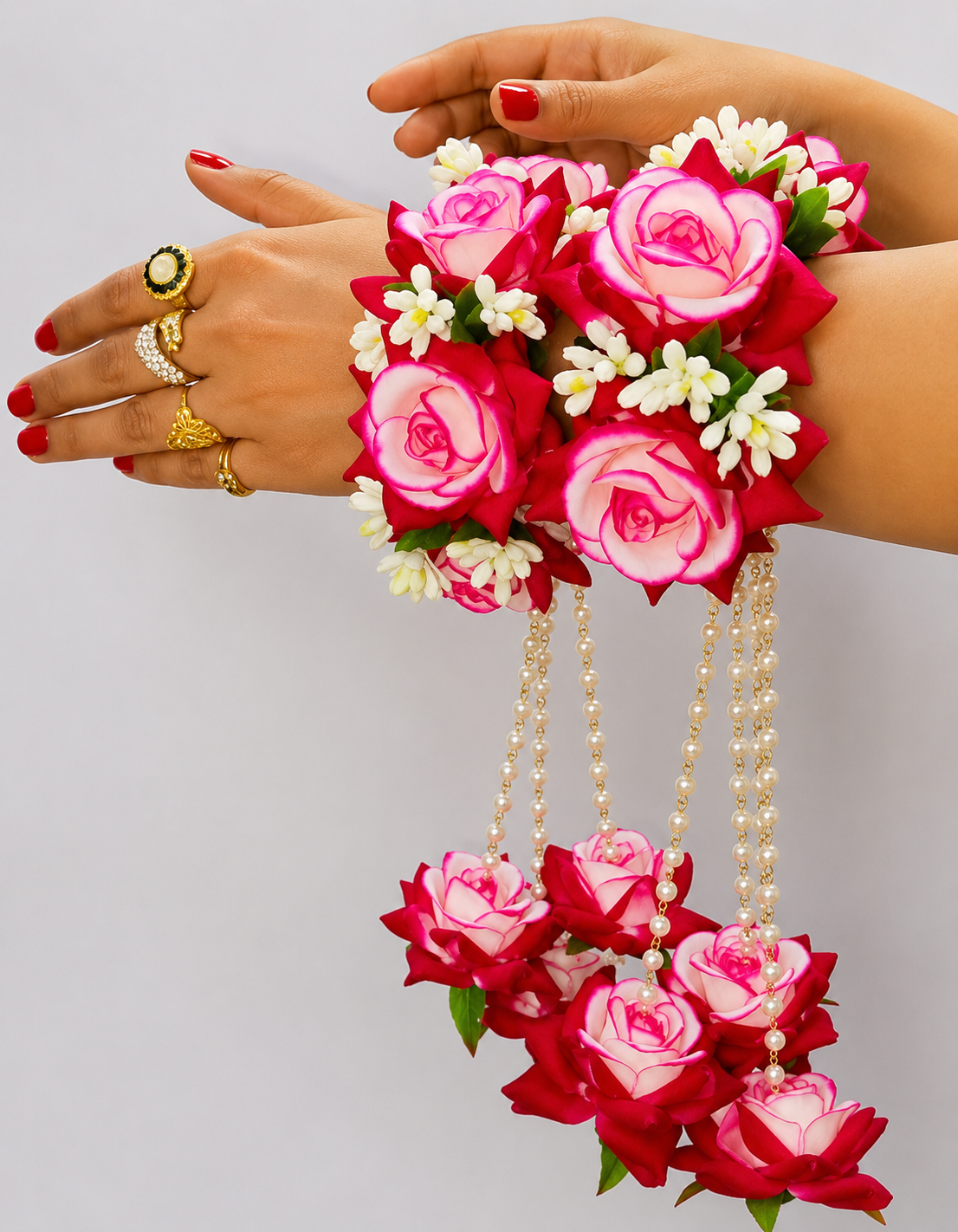 Red & White Rose Floral Kaleera Set with Pearl Chains for Bridal Mehndi, Haldi & Wedding | Artificial Flower Hand Kaleera for Women