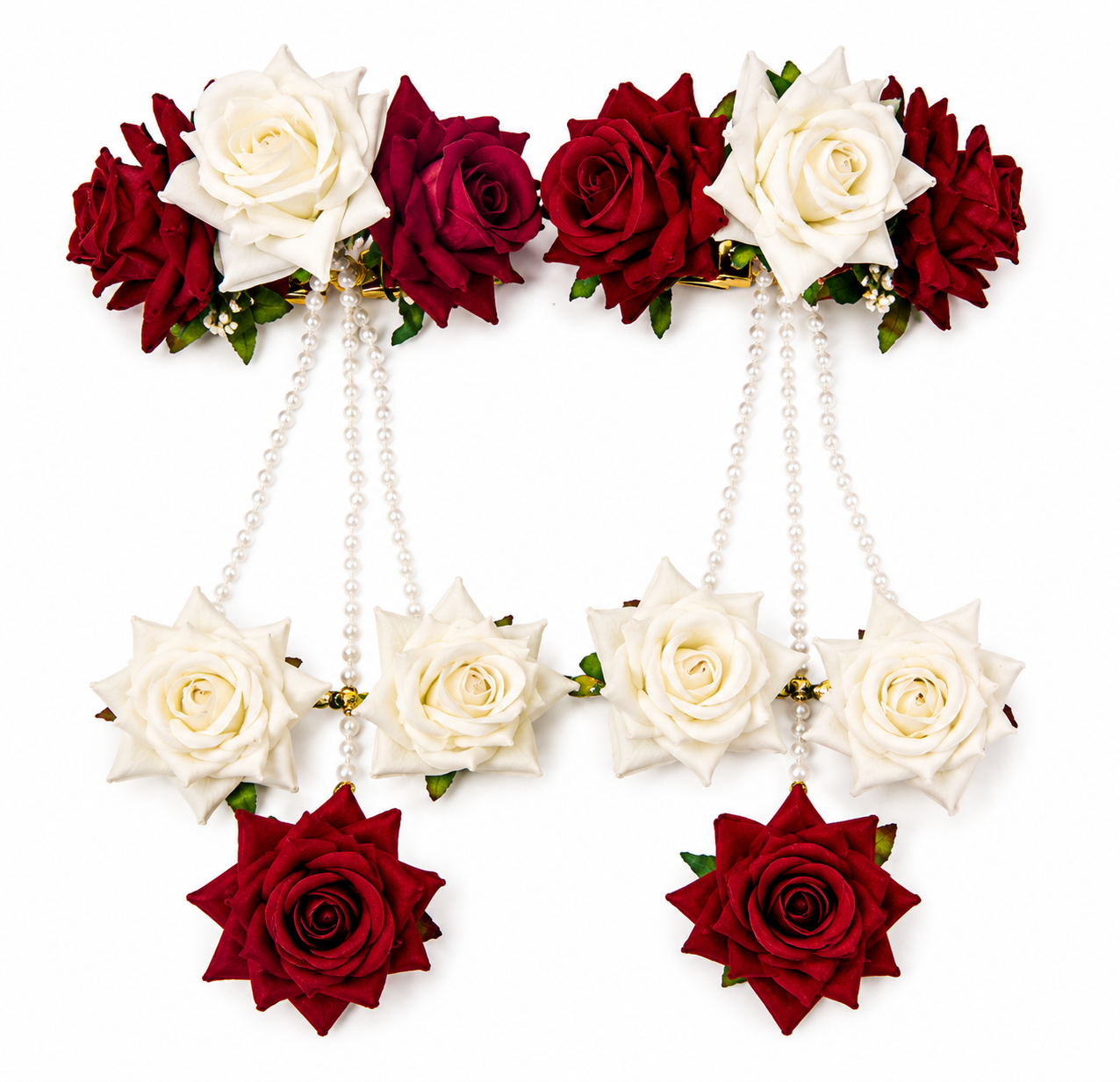 Red & White Rose Floral Kaleera Set with Pearl Chains for Bridal Mehndi, Haldi & Wedding | Artificial Flower Hand Kaleera for Women