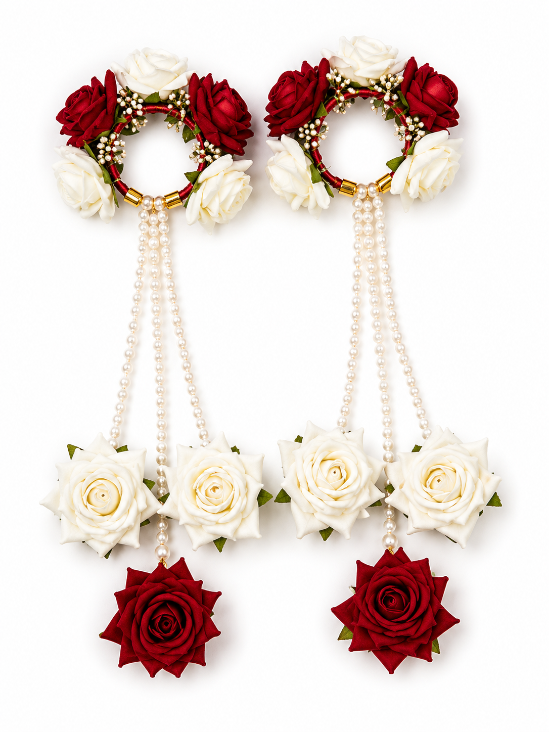 Red & White Rose Floral Kaleera Set with Pearl Chains for Bridal Mehndi, Haldi & Wedding | Artificial Flower Hand Kaleera for Women