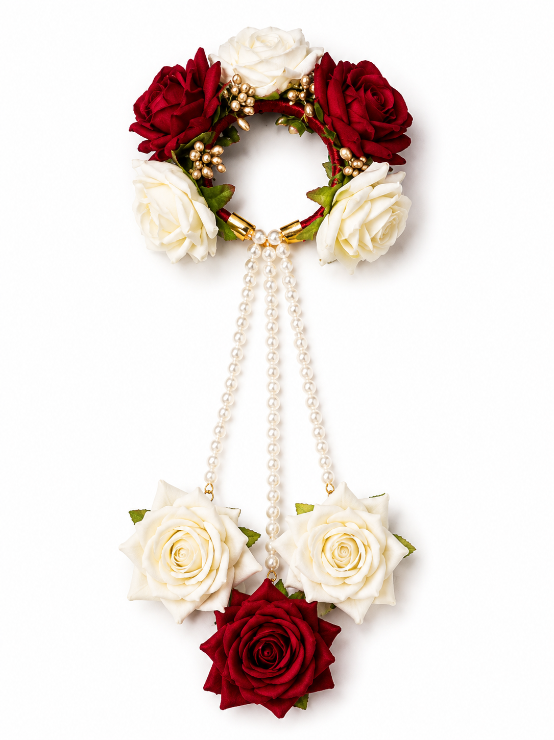 Red & White Rose Floral Kaleera Set with Pearl Chains for Bridal Mehndi, Haldi & Wedding | Artificial Flower Hand Kaleera for Women