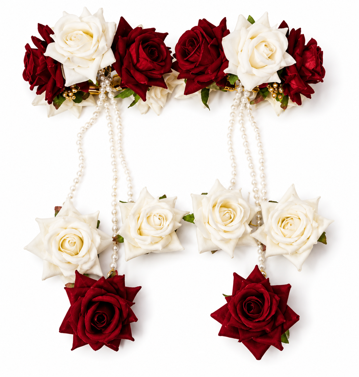 Red & White Rose Floral Kaleera Set with Pearl Chains for Bridal Mehndi, Haldi & Wedding | Artificial Flower Hand Kaleera for Women