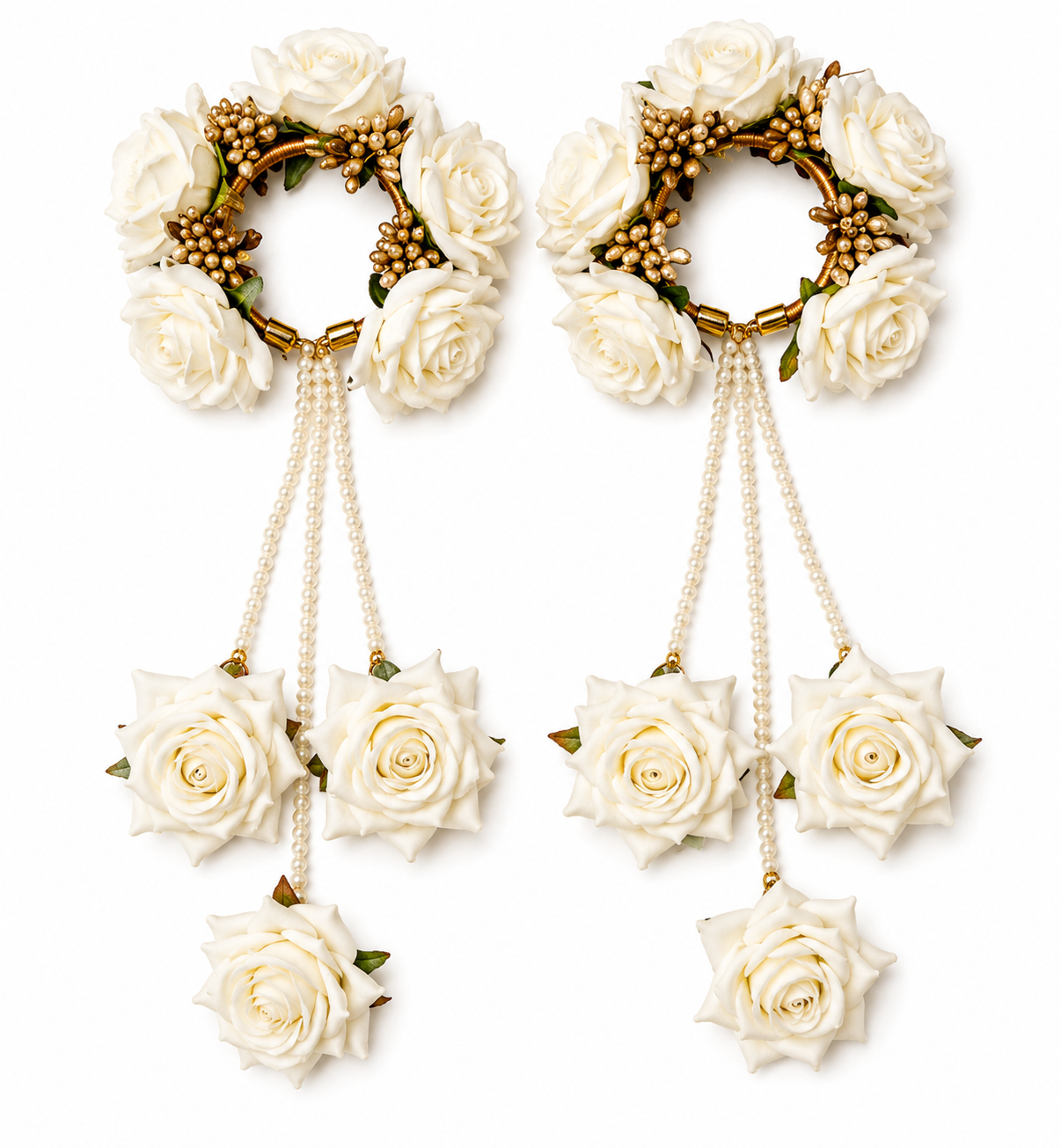 Ivory White Rose Floral Kaleera Set with Pearl Chains & Golden Embellishments for Bridal Mehndi, Haldi & Wedding | Artificial Flower Hand Kaleera for Women