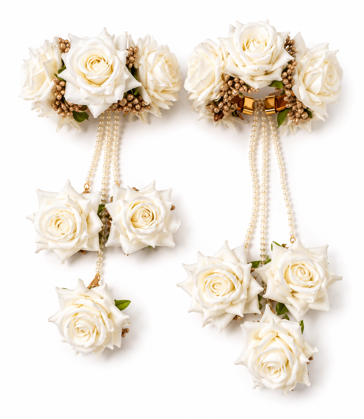 Ivory White Rose Floral Kaleera Set with Pearl Chains & Golden Embellishments for Bridal Mehndi, Haldi & Wedding | Artificial Flower Hand Kaleera for Women