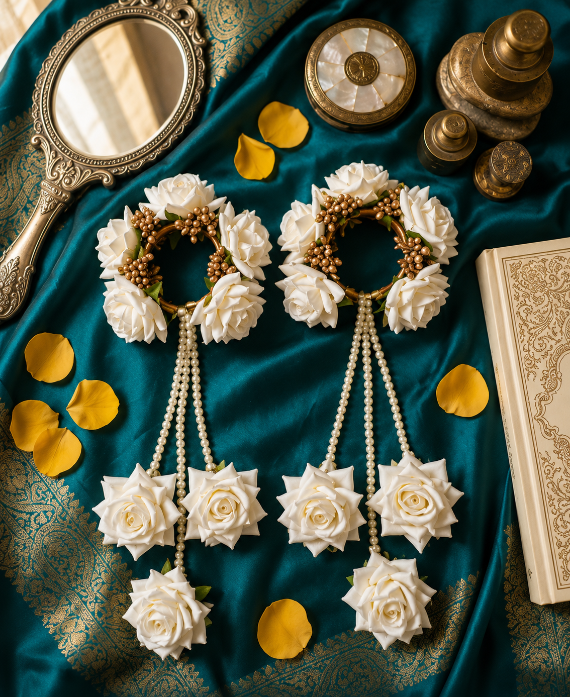 Ivory White Rose Floral Kaleera Set with Pearl Chains & Golden Embellishments for Bridal Mehndi, Haldi & Wedding | Artificial Flower Hand Kaleera for Women