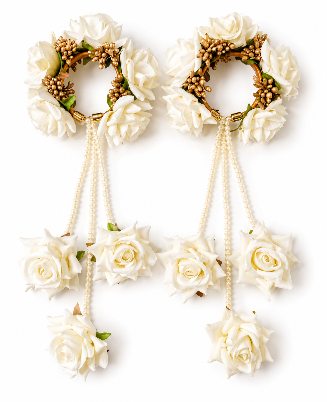 Ivory White Rose Floral Kaleera Set with Pearl Chains & Golden Embellishments for Bridal Mehndi, Haldi & Wedding | Artificial Flower Hand Kaleera for Women