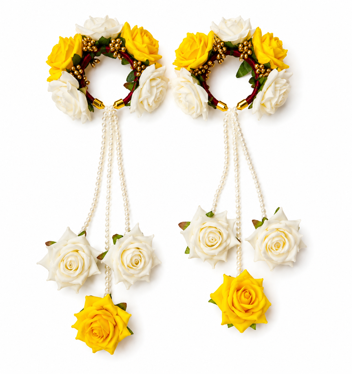 Yellow & White Rose Floral Kaleera Set with Pearl Chains & Golden Embellishments for Bridal Haldi, Mehndi & Wedding | Artificial Flower Hand Kaleera for Women