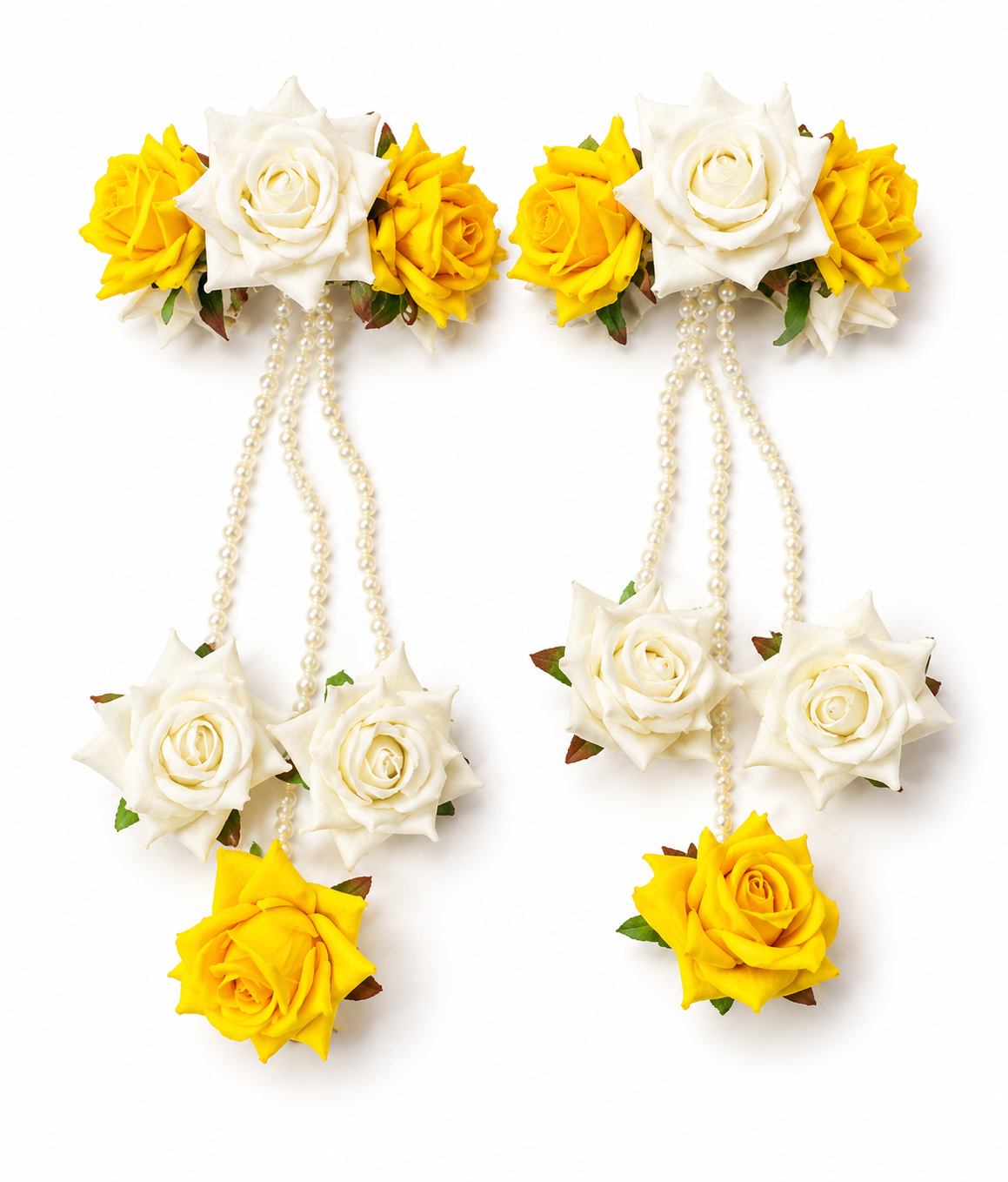 Yellow & White Rose Floral Kaleera Set with Pearl Chains & Golden Embellishments for Bridal Haldi, Mehndi & Wedding | Artificial Flower Hand Kaleera for Women