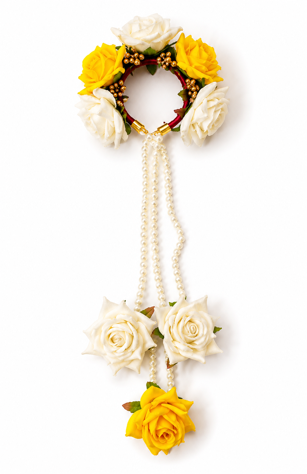 Yellow & White Rose Floral Kaleera Set with Pearl Chains & Golden Embellishments for Bridal Haldi, Mehndi & Wedding | Artificial Flower Hand Kaleera for Women