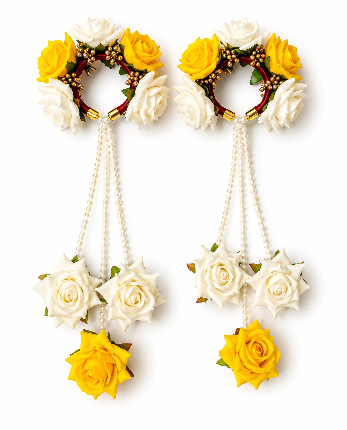 Yellow & White Rose Floral Kaleera Set with Pearl Chains & Golden Embellishments for Bridal Haldi, Mehndi & Wedding | Artificial Flower Hand Kaleera for Women