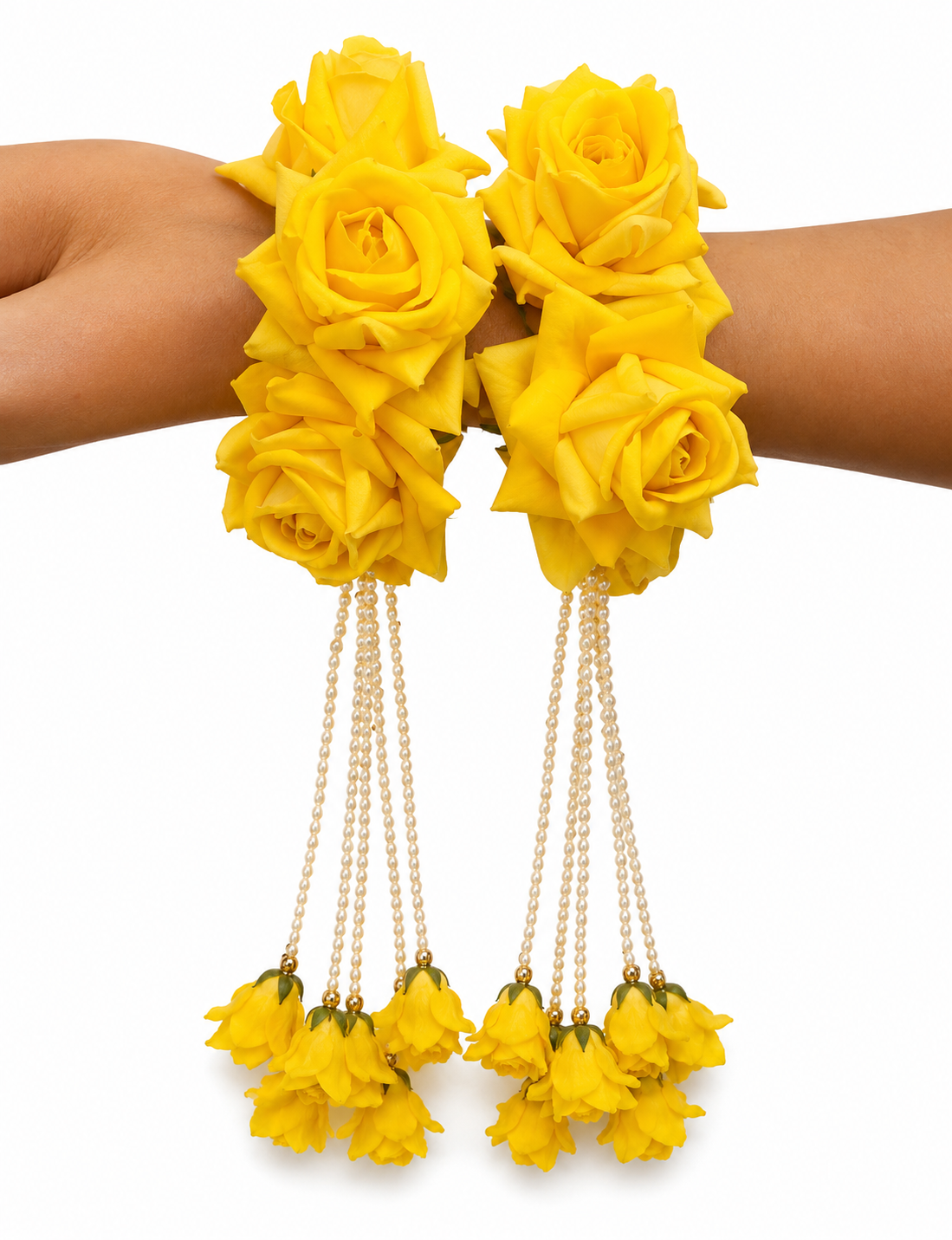 Yellow Rose Floral Kaleera Set with Pearl Tassels for Bridal Haldi, Mehndi & Wedding | Artificial Flower Hand Kaleera for Women
