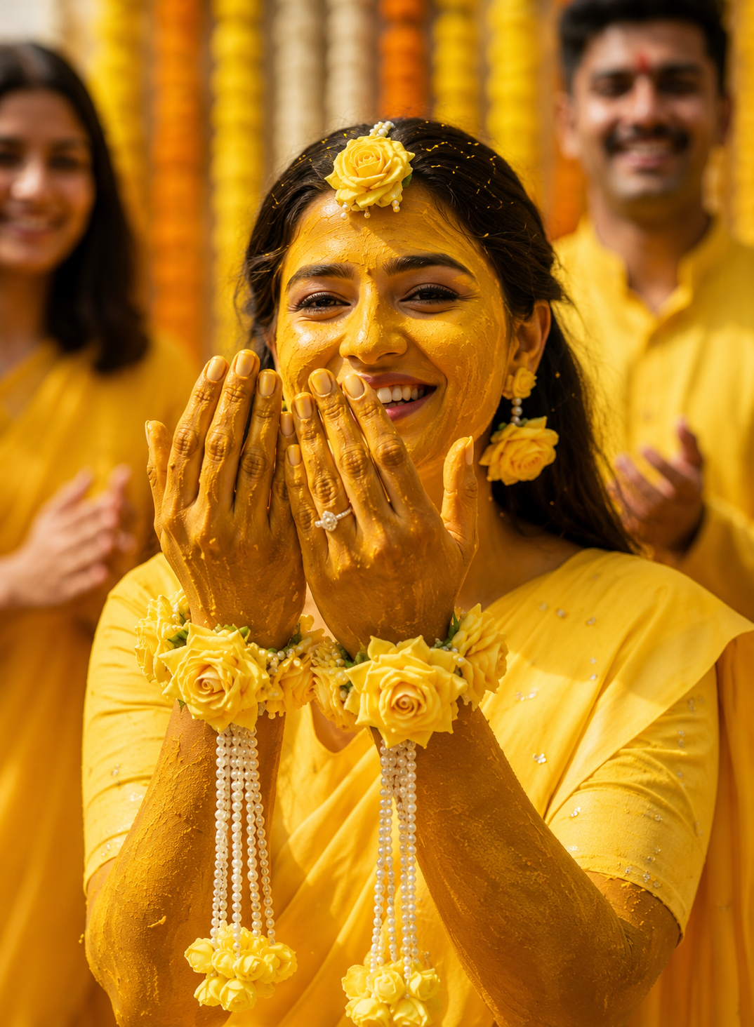 Yellow Rose Floral Kaleera Set with Pearl Tassels for Bridal Haldi, Mehndi & Wedding | Artificial Flower Hand Kaleera for Women