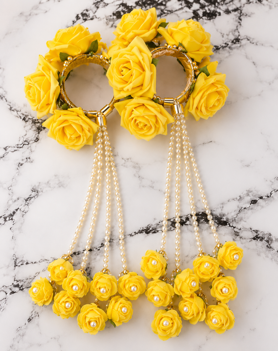 Yellow Rose Floral Kaleera Set with Pearl Tassels for Bridal Haldi, Mehndi & Wedding | Artificial Flower Hand Kaleera for Women