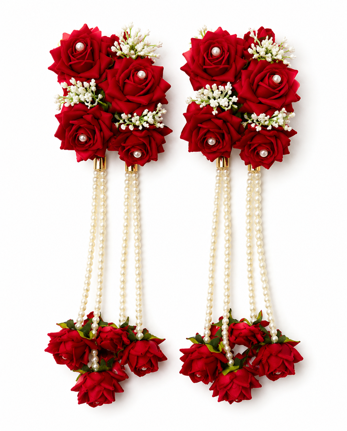 Red Rose Floral Kaleera Set with Pearl Tassels for Bridal Mehndi, Haldi & Wedding | Artificial Flower Hand Kaleera for Women