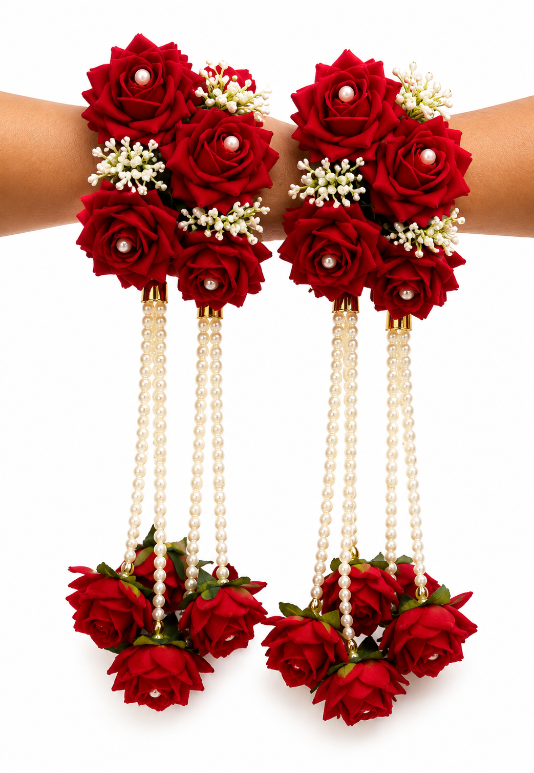 Red Rose Floral Kaleera Set with Pearl Tassels for Bridal Mehndi, Haldi & Wedding | Artificial Flower Hand Kaleera for Women