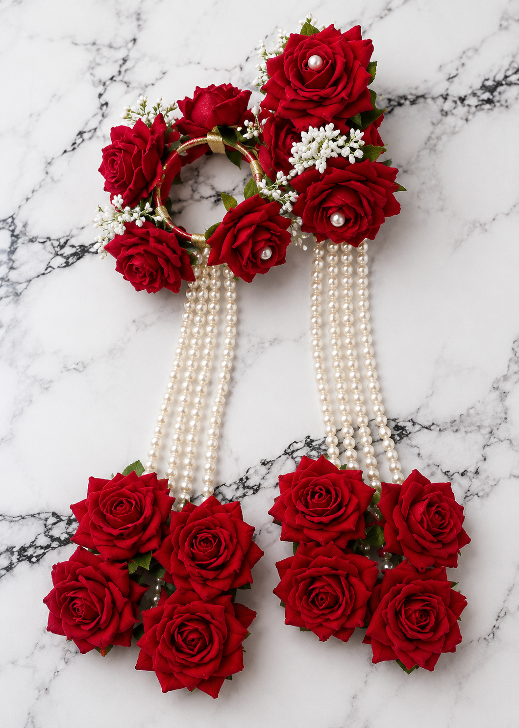 Red Rose Floral Kaleera Set with Pearl Tassels for Bridal Mehndi, Haldi & Wedding | Artificial Flower Hand Kaleera for Women