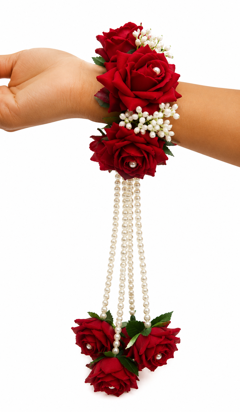 Red Rose Floral Kaleera Set with Pearl Tassels for Bridal Mehndi, Haldi & Wedding | Artificial Flower Hand Kaleera for Women