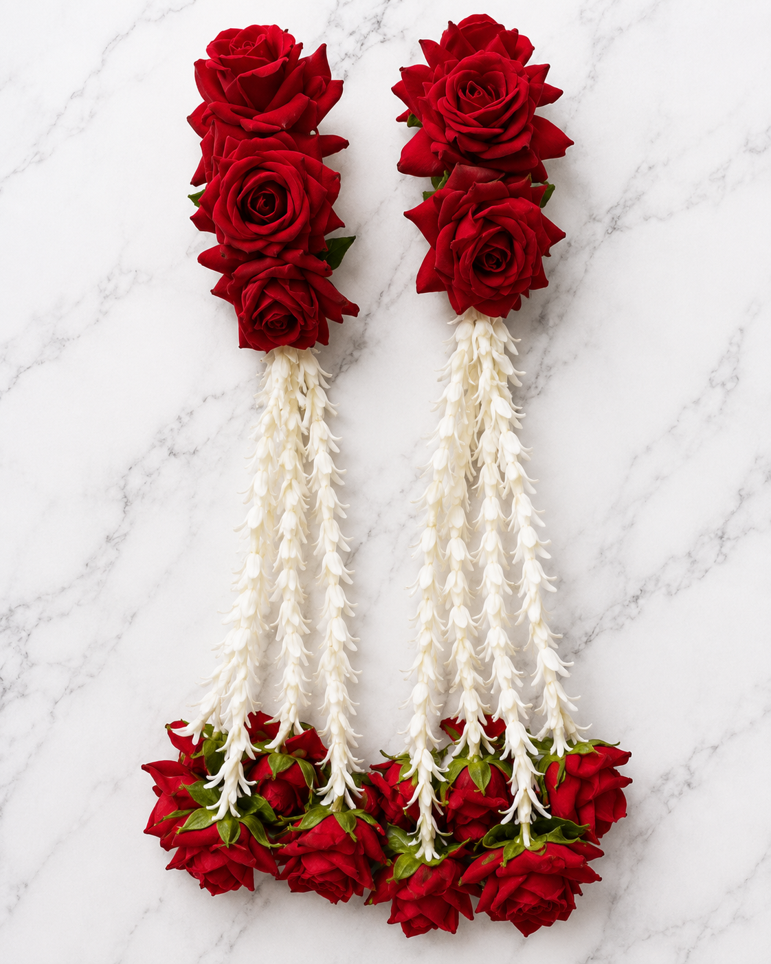 Red Rose Floral Kaleera Set with White Jasmine Tassel Strings for Bridal Mehndi, Haldi & Wedding | Artificial Flower Hand Kaleera for Women