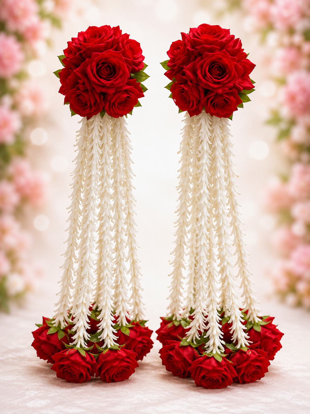 Red Rose Floral Kaleera Set with White Jasmine Tassel Strings for Bridal Mehndi, Haldi & Wedding | Artificial Flower Hand Kaleera for Women