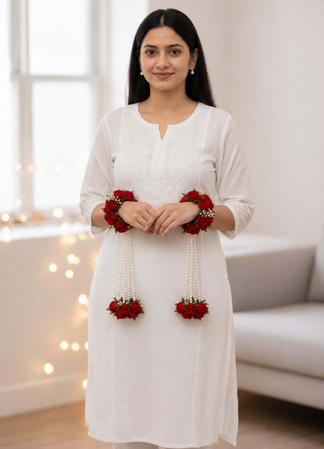 Red Rose Floral Kaleera Set with White Jasmine Tassel Strings for Bridal Mehndi, Haldi & Wedding | Artificial Flower Hand Kaleera for Women