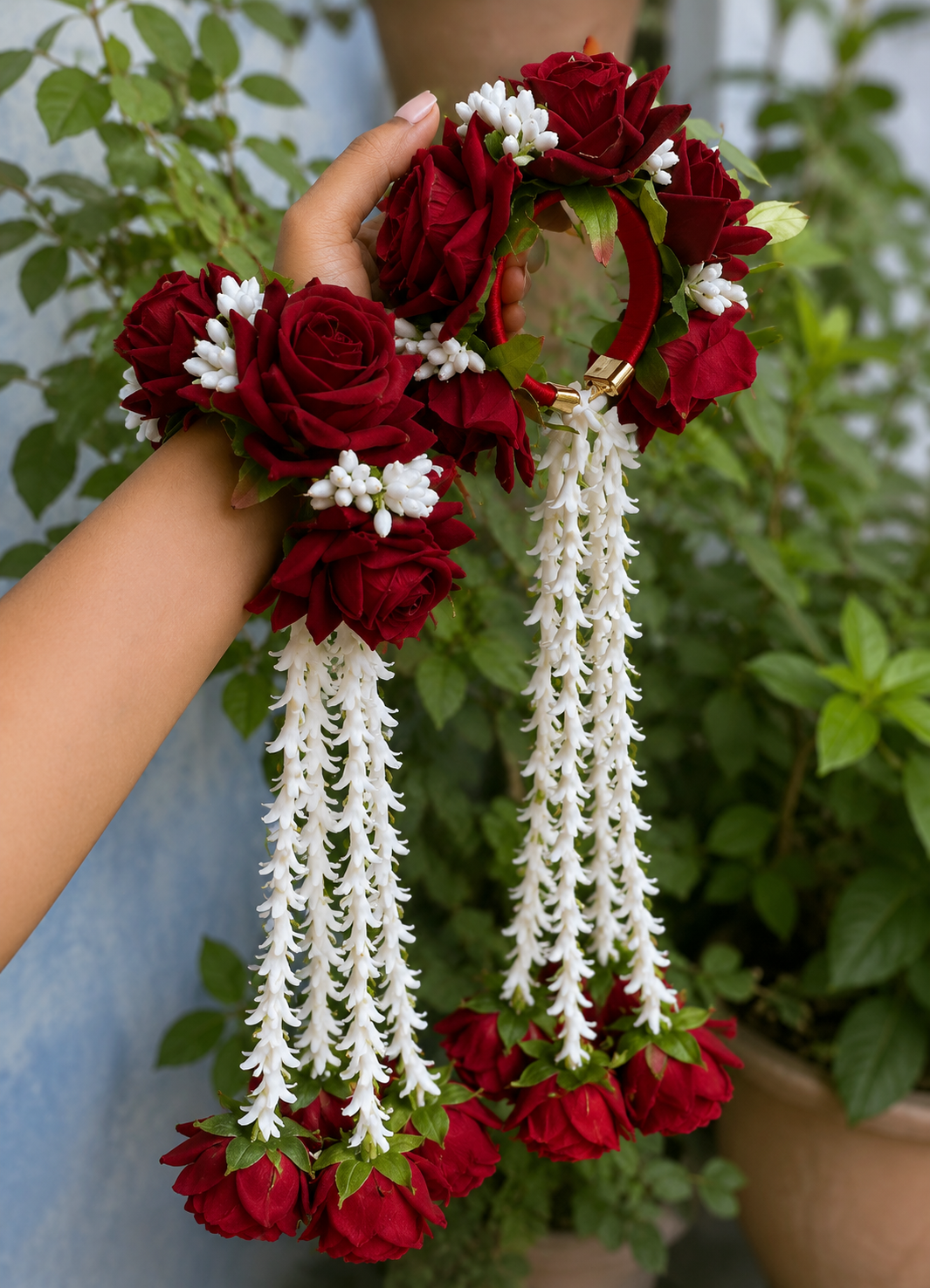 Handcrafted Red Rose Floral Kaleera Set with White Jasmine Tassels for Bridal Mehndi, Haldi & Wedding | Artificial Flower Hand Kaleera for Women