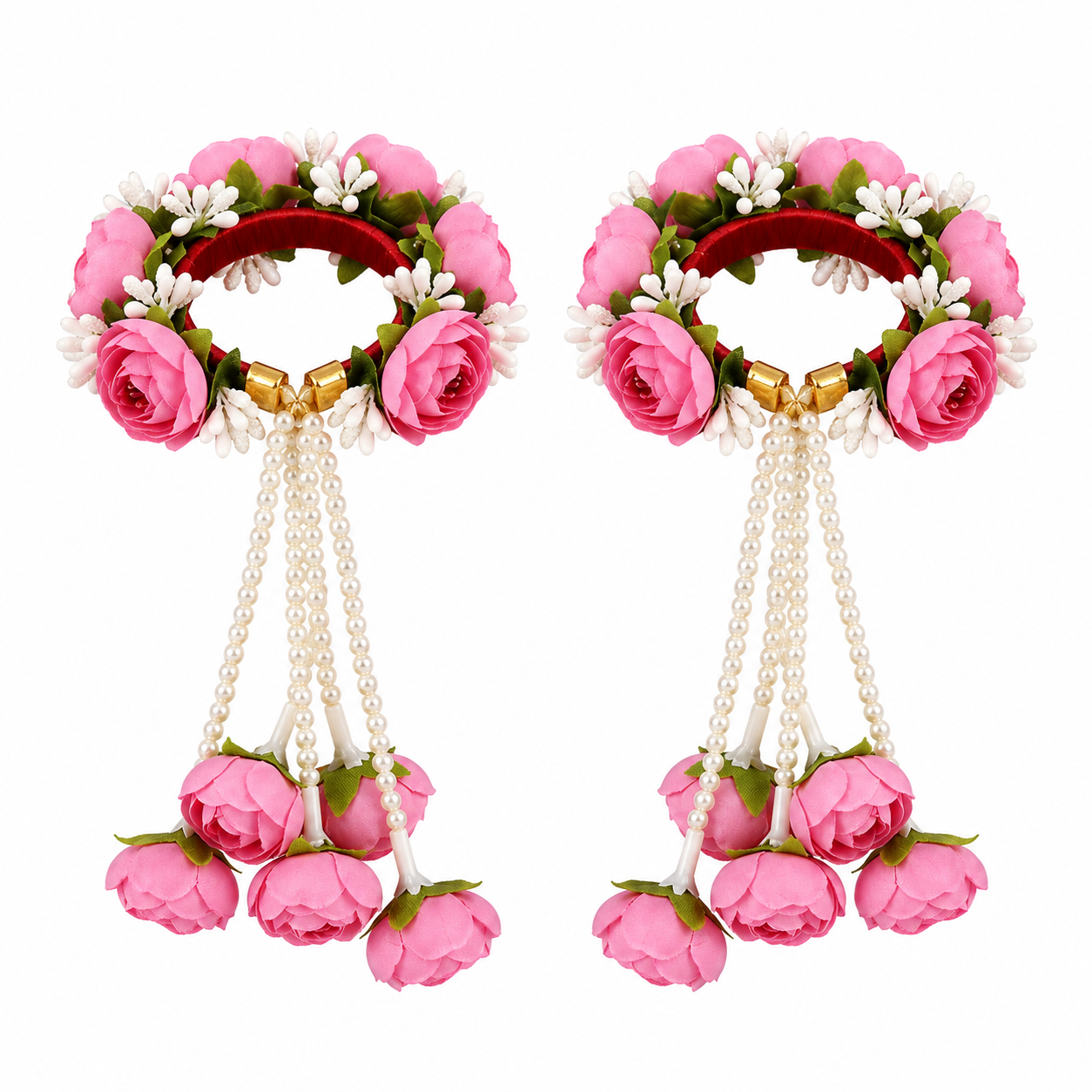 Pink Peony Floral Kaleera Set with Pearl Tassels for Bridal Mehndi, Haldi & Wedding | Artificial Flower Hand Kaleera for Women