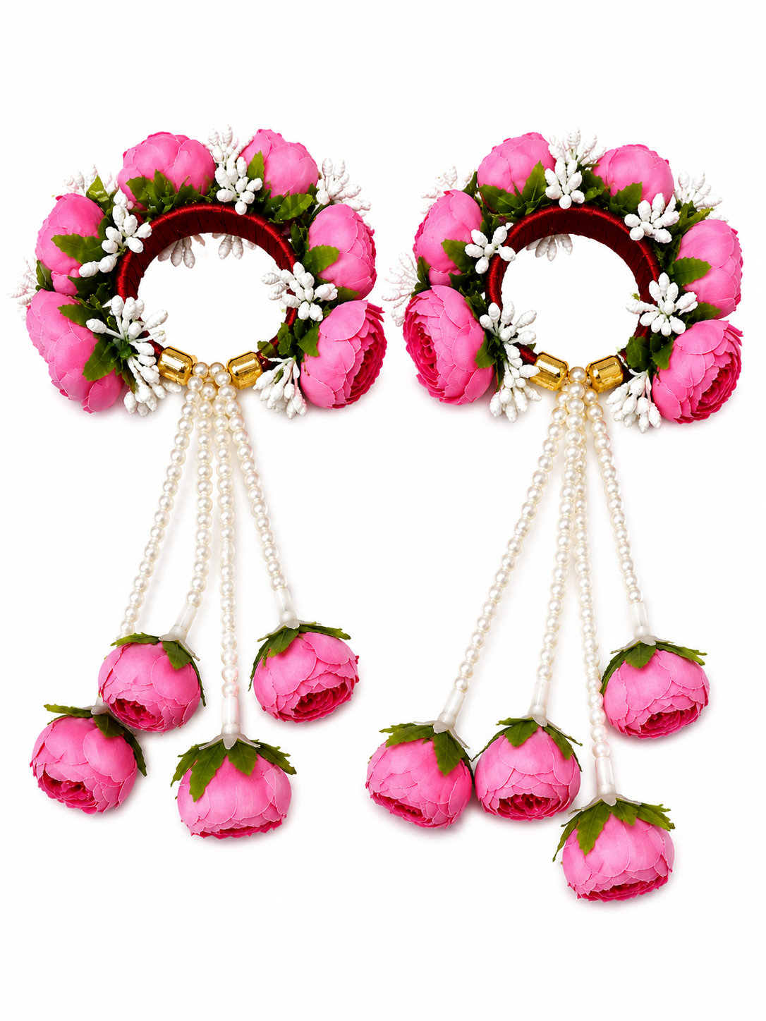 Pink Peony Floral Kaleera Set with Pearl Tassels for Bridal Mehndi, Haldi & Wedding | Artificial Flower Hand Kaleera for Women