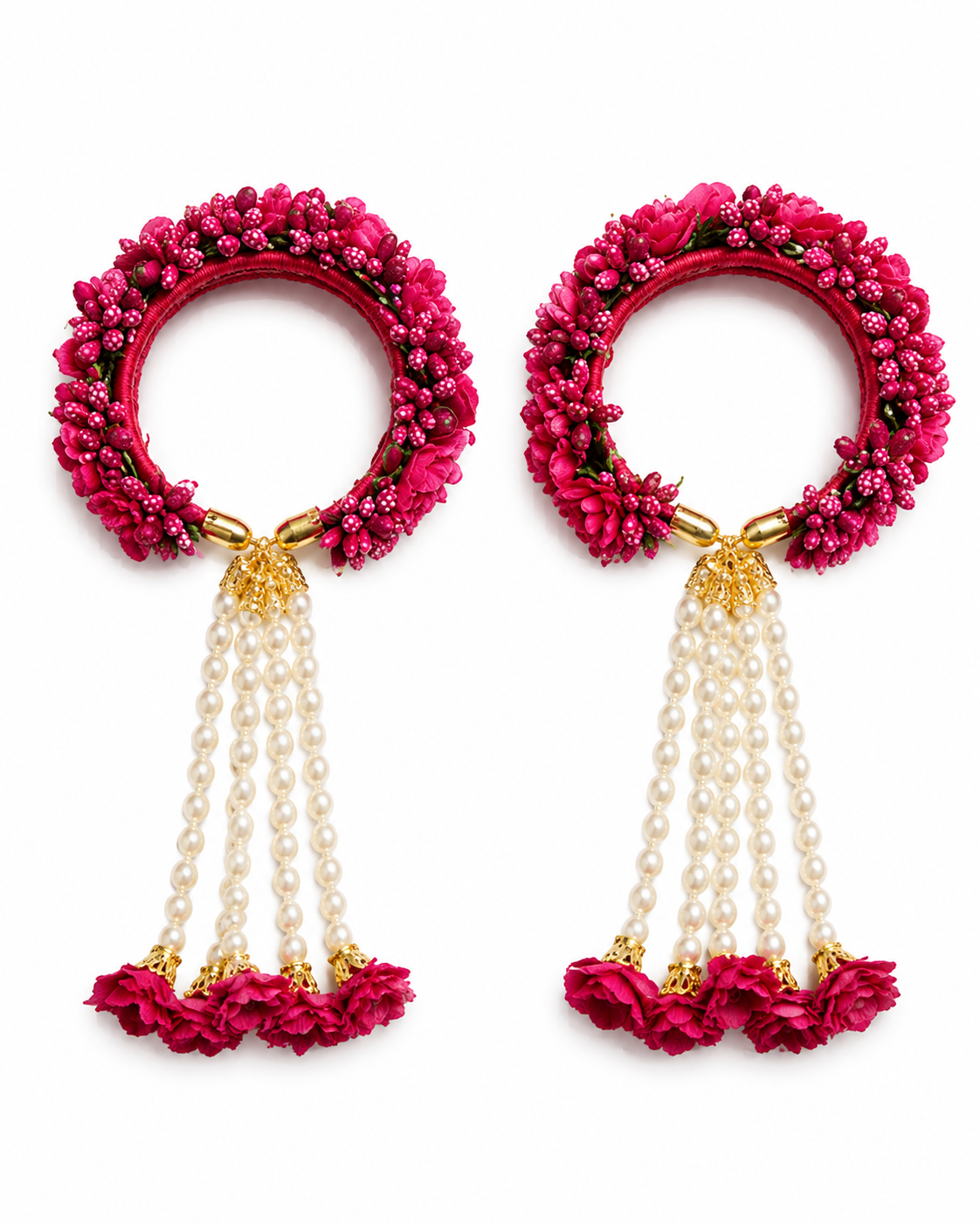 Dark Pink Floral Kaleera Set with Pearl Tassels for Bridal Mehndi, Haldi & Wedding | Artificial Flower Hand Kaleera for Women