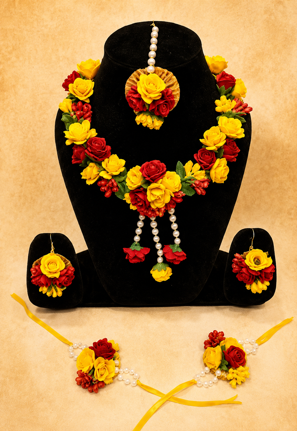 Handmade Floral Jewelry Set for Haldi Ceremony – Necklace, Earrings, Maang Tikka & Bracelet Pair | Yellow & Red Rose Design