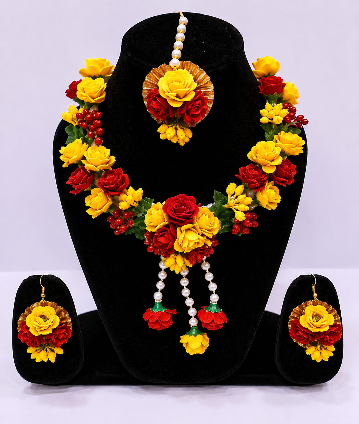 Handmade Floral Jewelry Set for Haldi Ceremony – Necklace, Earrings, Maang Tikka & Bracelet Pair | Yellow & Red Rose Design