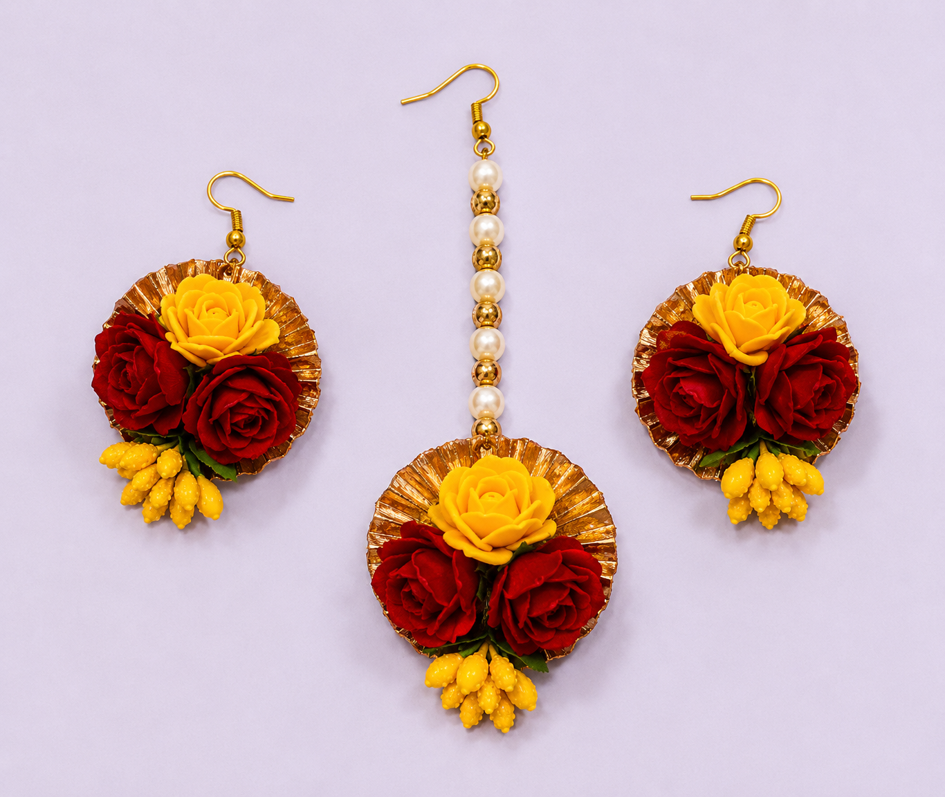 Handmade Floral Jewelry Set for Haldi Ceremony – Necklace, Earrings, Maang Tikka & Bracelet Pair | Yellow & Red Rose Design