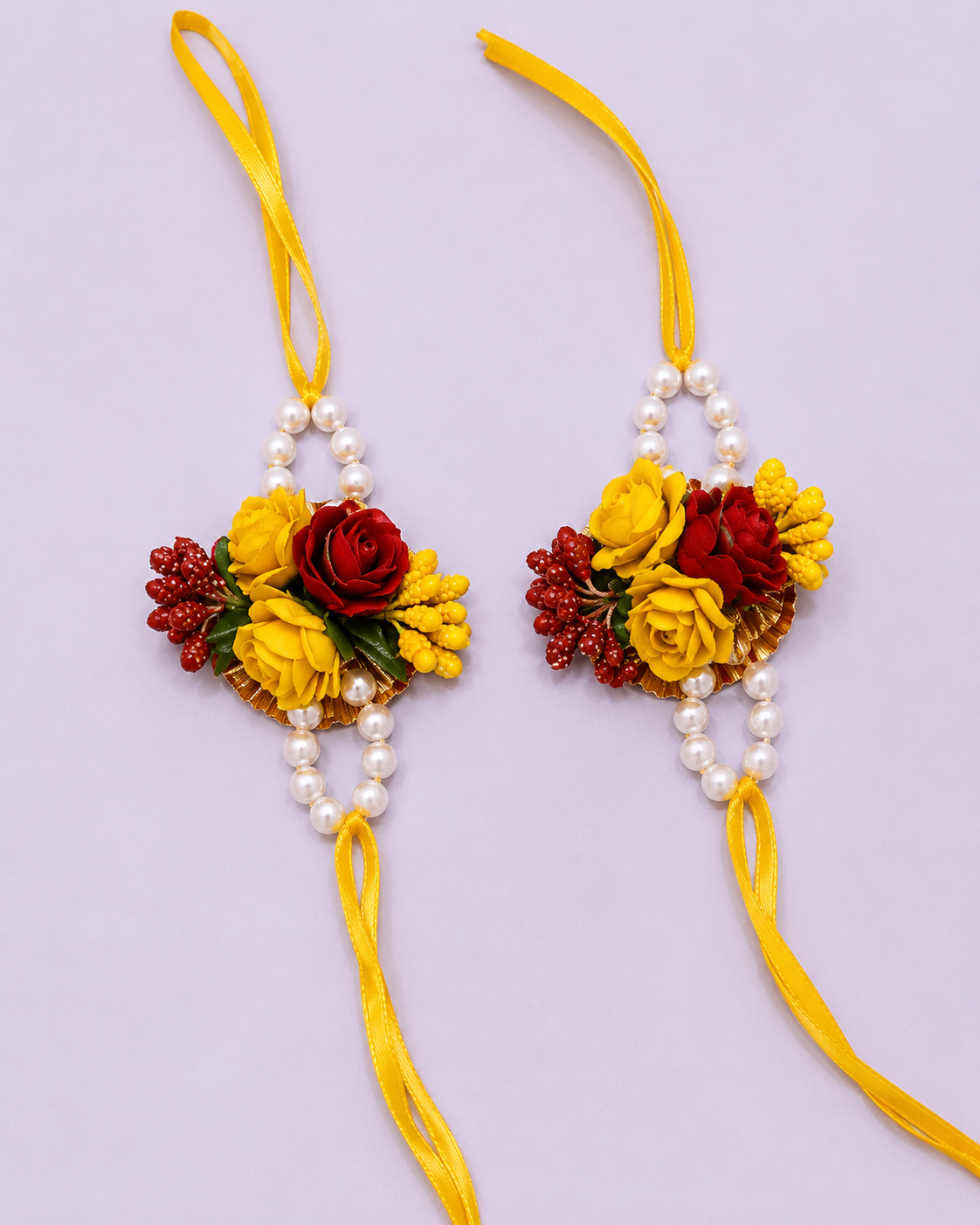 Handmade Floral Jewelry Set for Haldi Ceremony – Necklace, Earrings, Maang Tikka & Bracelet Pair | Yellow & Red Rose Design