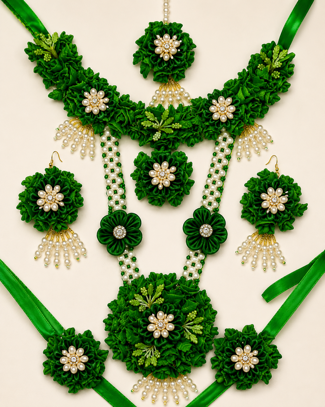 Bridal Green Floral Jewelry Set for Haldi & Mehendi – Necklace, Earrings, Maang Tikka, Bracelet Pair & Ring