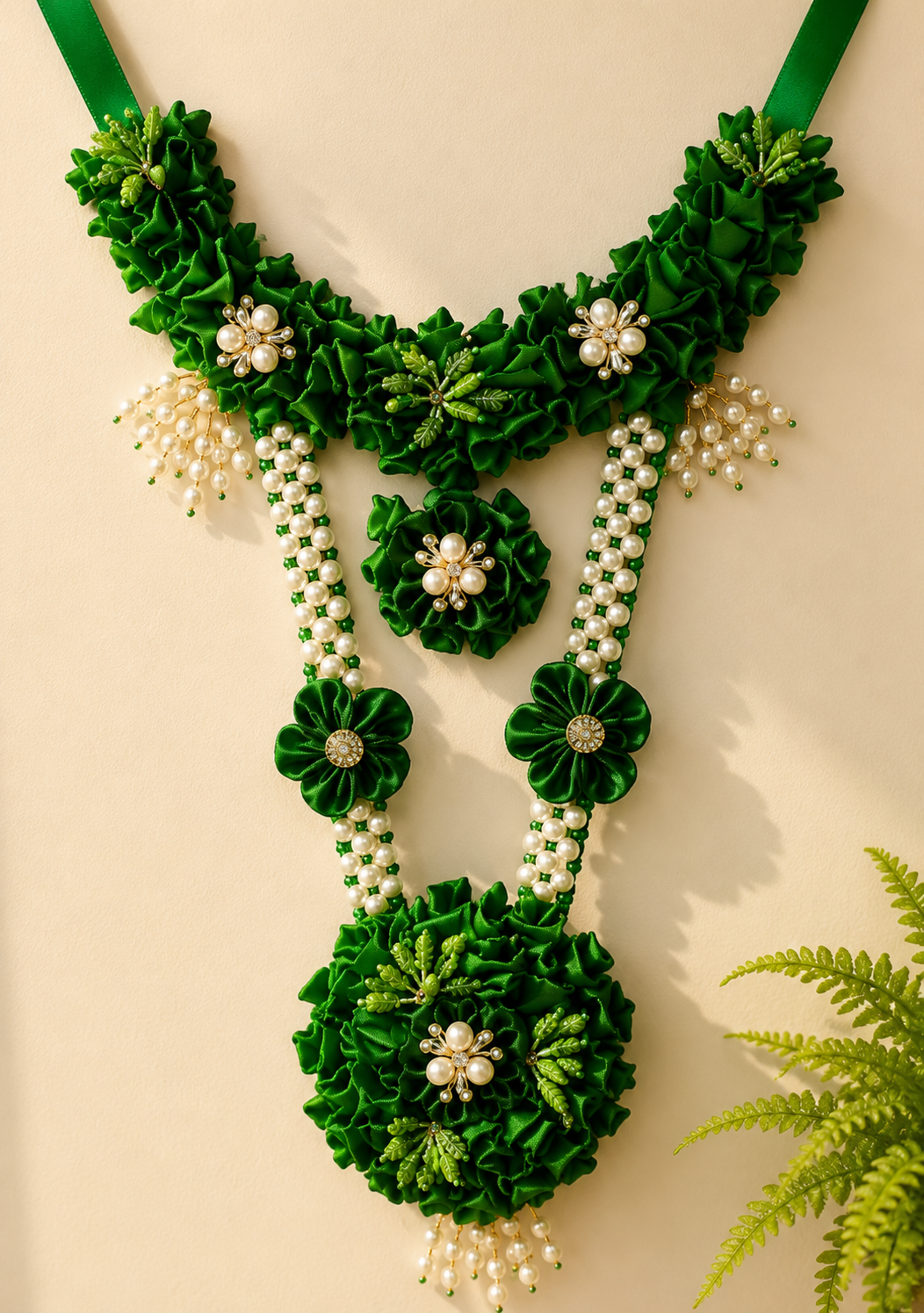 Bridal Green Floral Jewelry Set for Haldi & Mehendi – Necklace, Earrings, Maang Tikka, Bracelet Pair & Ring
