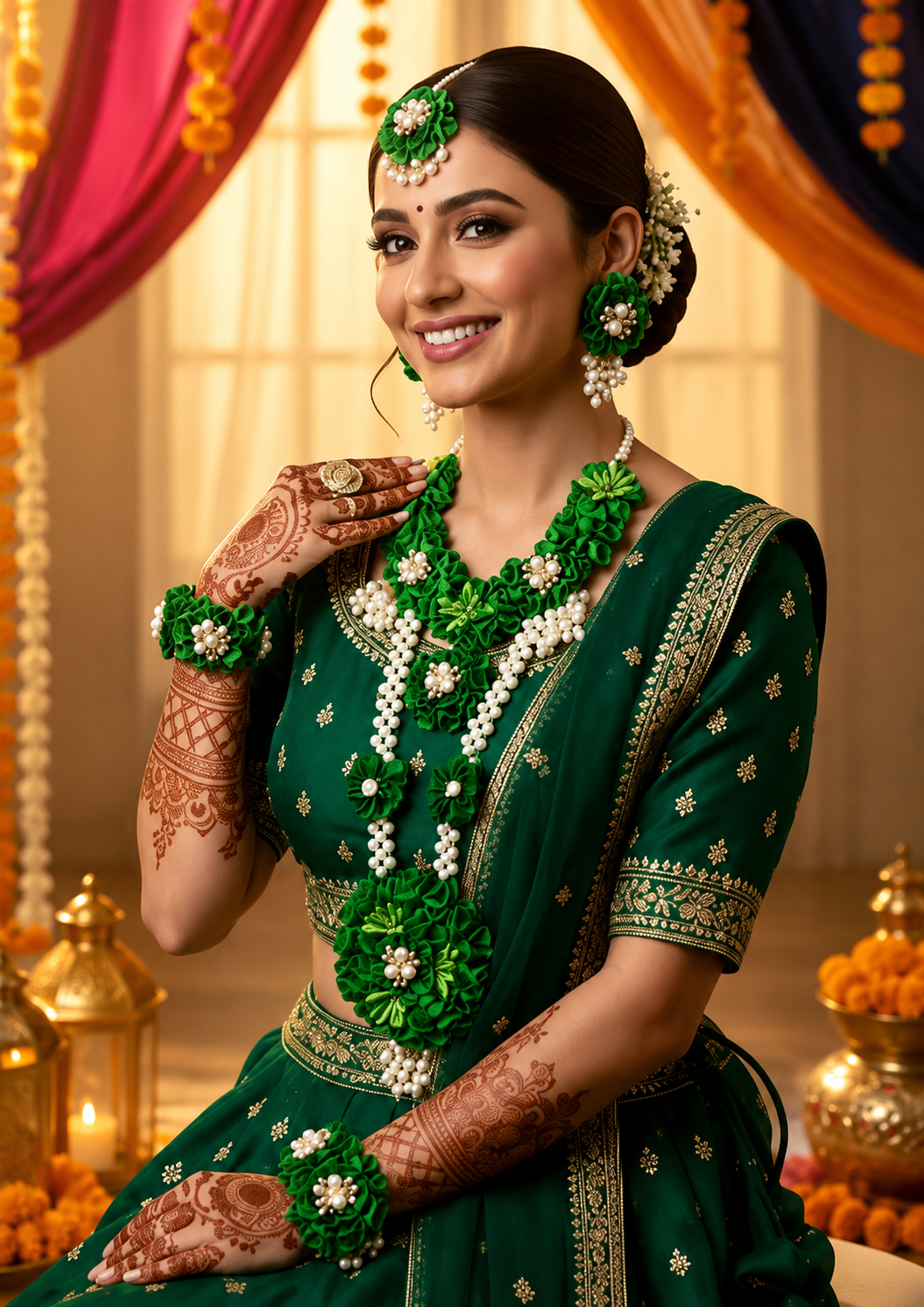 Bridal Green Floral Jewelry Set for Haldi & Mehendi – Necklace, Earrings, Maang Tikka, Bracelet Pair & Ring