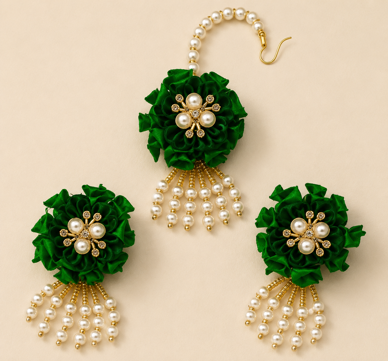 Bridal Green Floral Jewelry Set for Haldi & Mehendi – Necklace, Earrings, Maang Tikka, Bracelet Pair & Ring