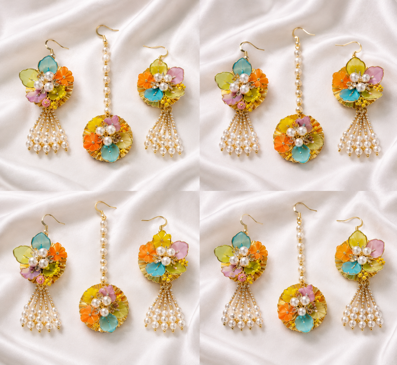 Pastel Floral Pearl Jewelry Set – Handmade Earrings & Maang Tikka for Haldi, Mehendi and Wedding Functions, 4 Pieces