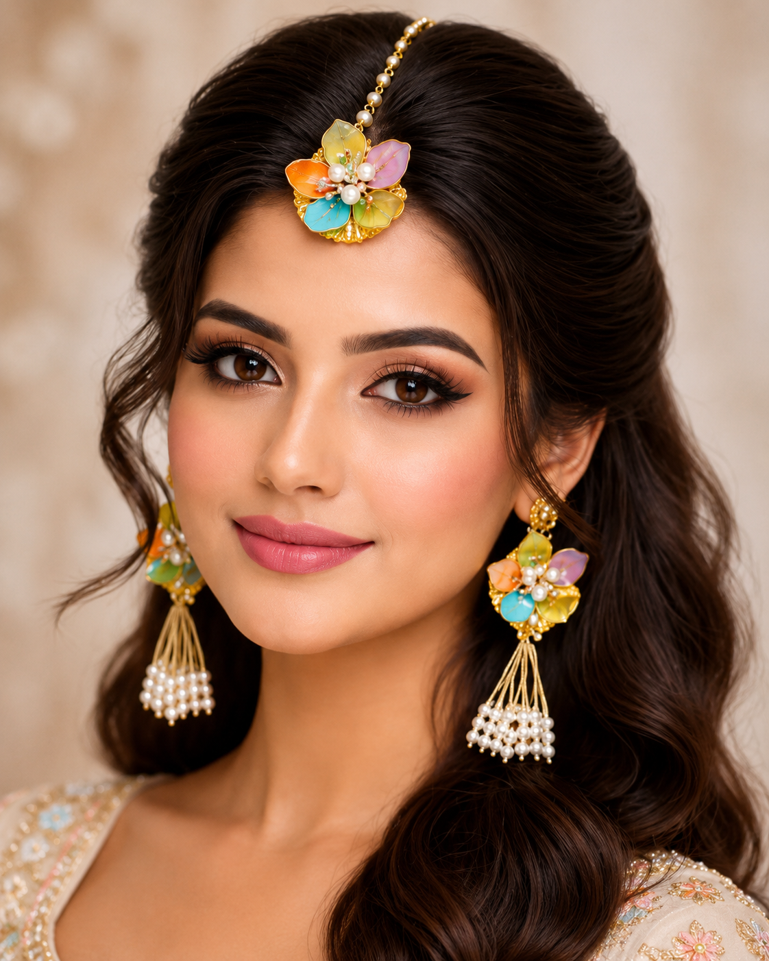 Pastel Floral Pearl Jewelry Set – Handmade Earrings & Maang Tikka for Haldi, Mehendi and Wedding Functions, 4 Pieces