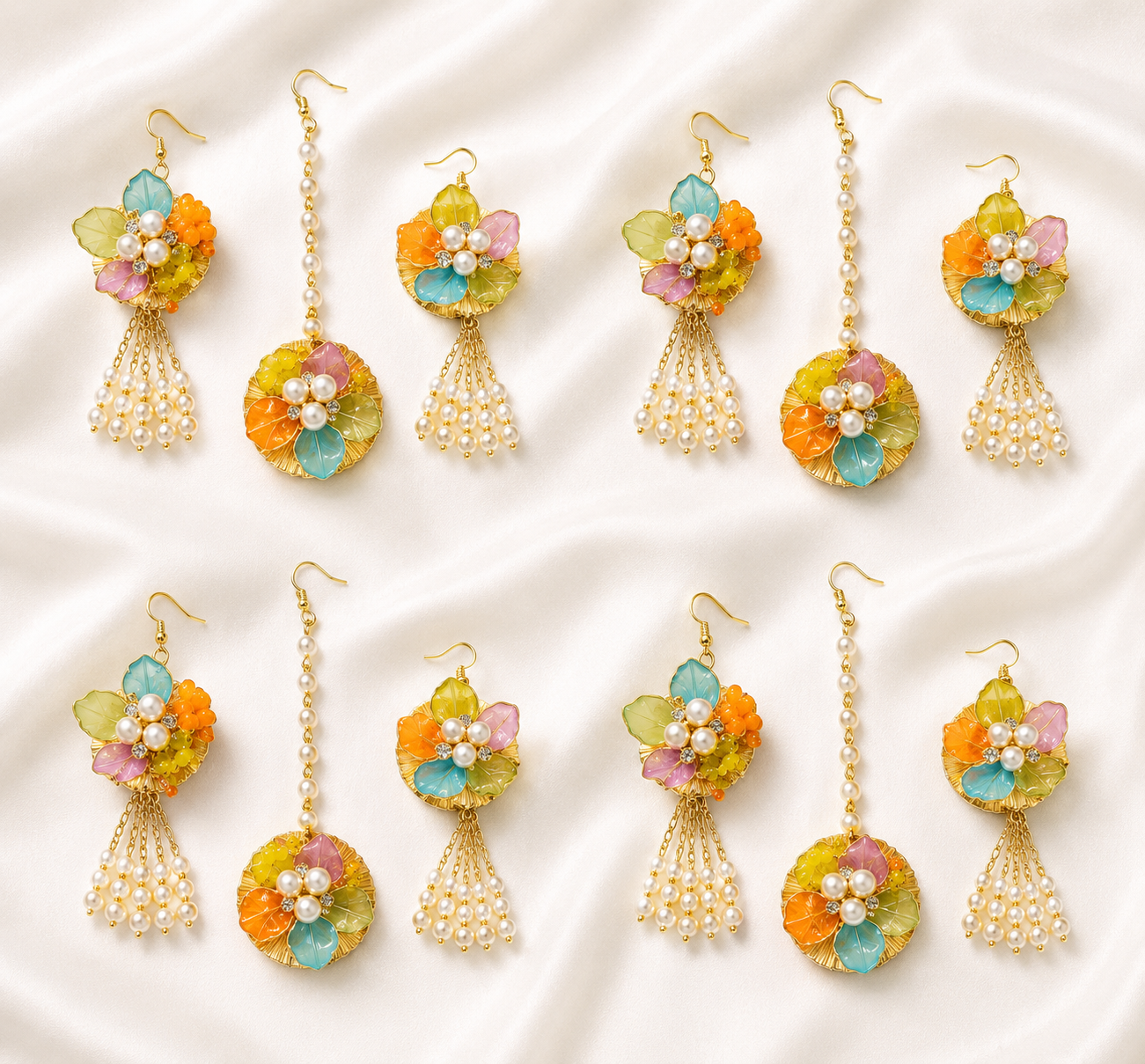 Pastel Floral Pearl Jewelry Set – Handmade Earrings & Maang Tikka for Haldi, Mehendi and Wedding Functions, 4 Pieces