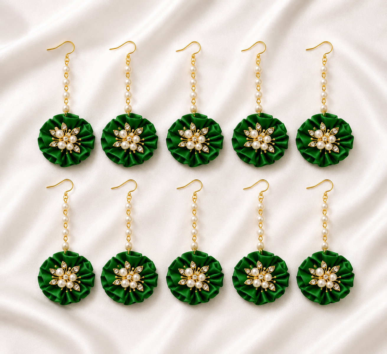 Handmade Green Floral Maang Tikka – Pearl & Crystal Bridal Forehead Jewelry for Haldi, Mehendi & Wedding Functions, 12 Pieces