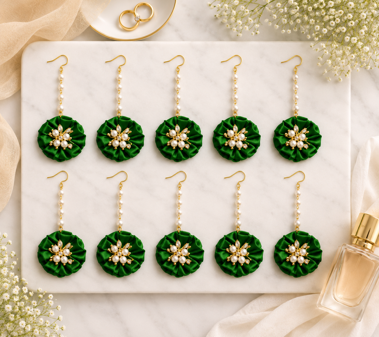 Handmade Green Floral Maang Tikka – Pearl & Crystal Bridal Forehead Jewelry for Haldi, Mehendi & Wedding Functions, 12 Pieces
