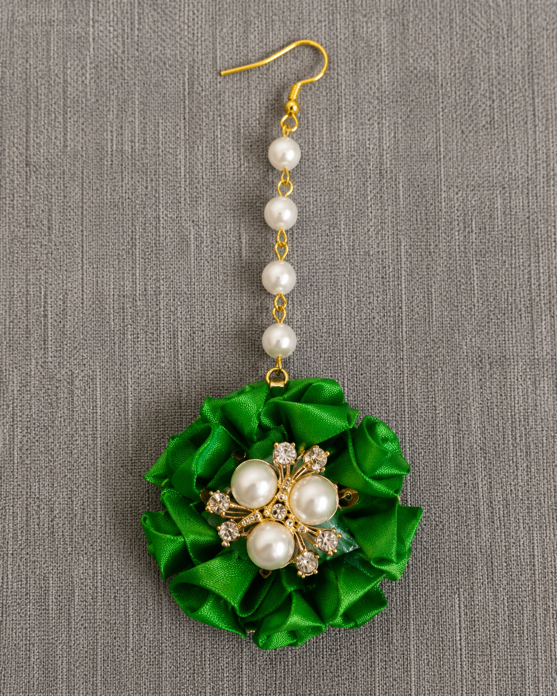 Handmade Green Floral Maang Tikka – Pearl & Crystal Bridal Forehead Jewelry for Haldi, Mehendi & Wedding Functions, 12 Pieces