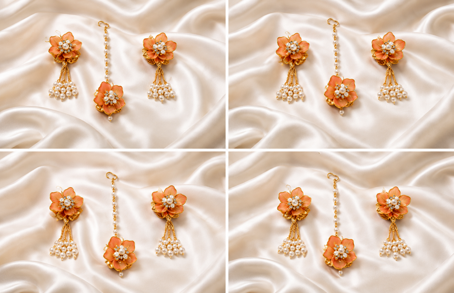 Peach Floral Jewelry Set – Handmade Earrings & Maang Tikka with Pearl Tassels for Haldi, Mehendi and Wedding Functions, 4 Pieces